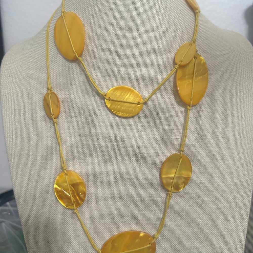 Boho Yellow Shell Disc Necklace | Long Knotted Cord Statement - Picture 3 of 6
